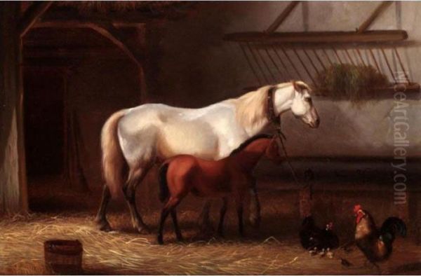 Horses And Chickens In A Stable - view 1