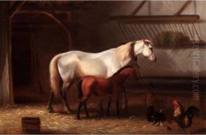 Horses And Chickens In A Stable by Franz van Severdonck