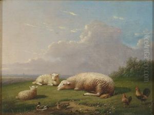 Sheep At Rest With Ducks And Roosters by Franz van Severdonck