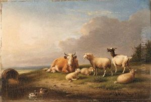 Sheep And A Cow Grazing On A Hillside by Franz van Severdonck