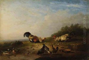 Chickens And Duck By A Pool Of Water by Franz van Severdonck