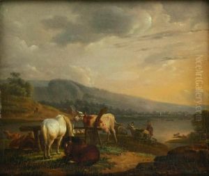 Fluslandschaft Mit Kuhherde Und Pferden
