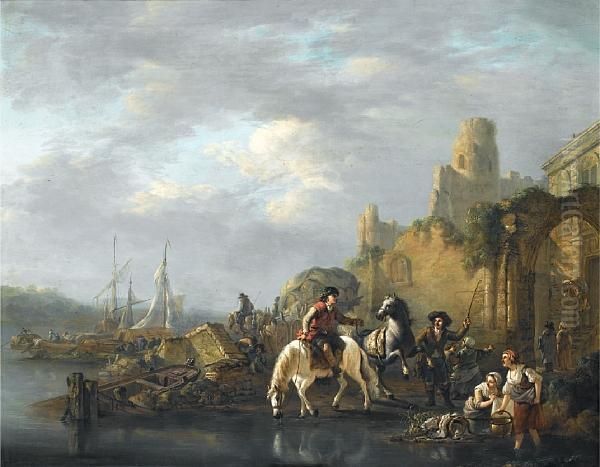 Washerwomen And Horsemen On The Banks Of A River Before A Ruined Arch - view 1