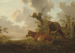 A River Landscape With Two Cows by Jacob Van Stry