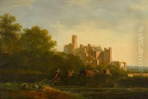 Herdsman And His Cattle At Sunset, A Ruined Castle In The Distance - view 1