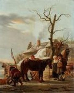 Tillskriven Vintermotiv Med Sallskap Vid Hast by Jacob Van Stry