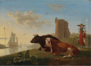 Landscape With Cattle And Milkmaid by Jacob Van Stry