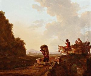 Landschap Met Boeren En Paardenkar Op Een Brug