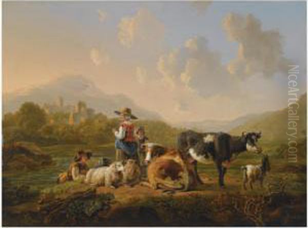 A Southern Hilly Landscape With Shepherds Resting With Their Herd,a View Of Ruins Beyond - view 1