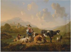 A Southern Hilly Landscape With Shepherds Resting With Their Herd,a View Of Ruins Beyond by Jacob Van Stry