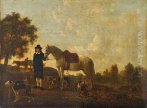 A Groom With A Grey Horse And Hounds In A Landscape A Groom With A Grey Horse And Hounds In A Landscape