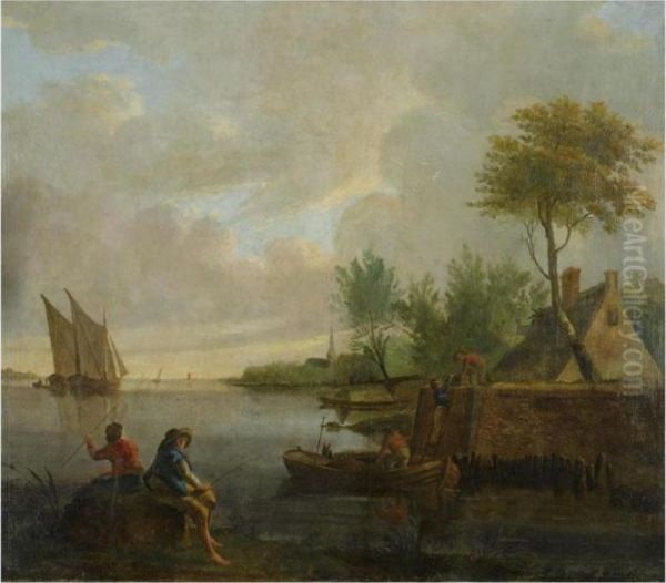 A River Landscape With Fishermen
Loading Their Ware Onto A Boat,two Fishermen In The Front - view 1