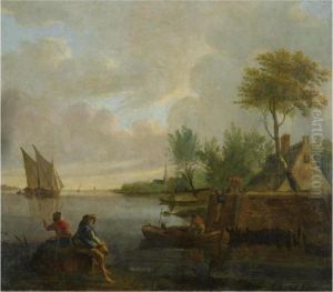A River Landscape With Fishermen
Loading Their Ware Onto A Boat,two Fishermen In The Front by Jacob Van Stry