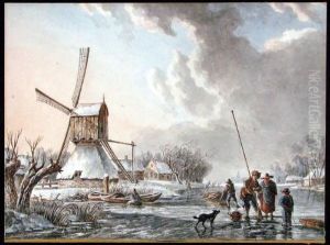 Verschneite Seelandschaft Mit Bauern Und Windmuhle.