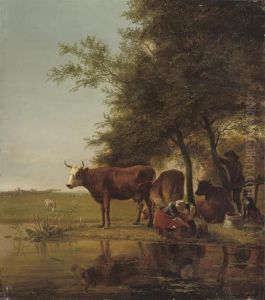 A Peasant Woman Cleaning Buckets At A Stream With Cows And Aherdsman Nearby