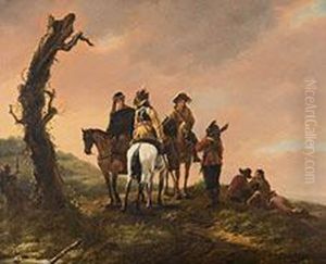 Landschaft Mit Baumstrunk, Drei Berittenen Jagernund Vier Treiber Bei Einer Rast by Jacob Van Stry