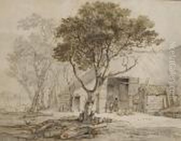 Deux Hommes Devant Une Etable Entouree D'arbres - view 1