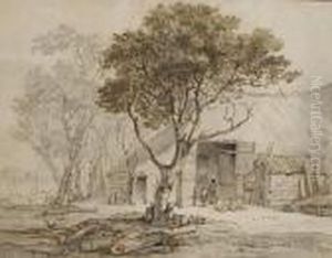 Deux Hommes Devant Une Etable Entouree D'arbres