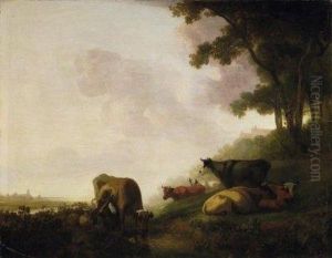 Farmer In The Morning Mist 
Milking The Cows On The Fields. Signed Bottom Right: J.v. Stry by Jacob Van Stry