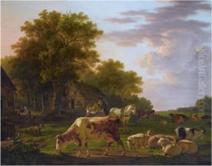 A Landscape With Cows And Sheep 
Near A Farmhouse, A Man In A Horse-drawn Cart Handing Over A Copper Jug 
To A Woman, Two Women Washing Clothes To The Left