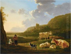 A Southern River Landscape With 
Shepherds Resting With Their Herd, A View Of A Ruin Beyond
