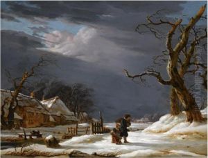 A Winter Landscape With A Man And A Child Walking Through The Snow Near A Farmhouse by Jacob Van Stry