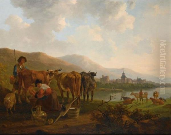A River Landscape With A 
Shepherd And His Cattle Together With A Milkmaid Milking A Cow, A Town 
Beyond by Jacob Van Stry