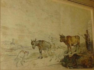 Peasants With Oxon, Sheep And Dog Ona Country Road by Jacob Van Stry
