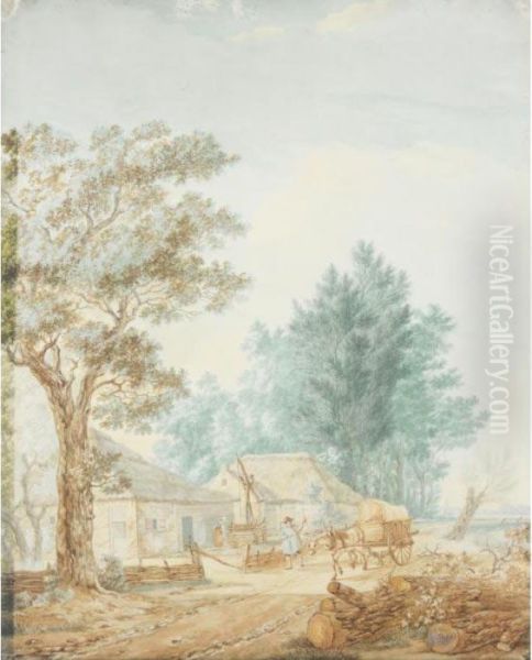 View Of A Farm By A Canal, With A
 Drover With His Horse And Cart And A Woman Drawing Water From A Well - view 1