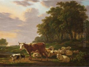 A Landscape With Cows, Sheep And Goats, And Houses Near The Edge Of A Wood With Figures by Jacob Van Stry