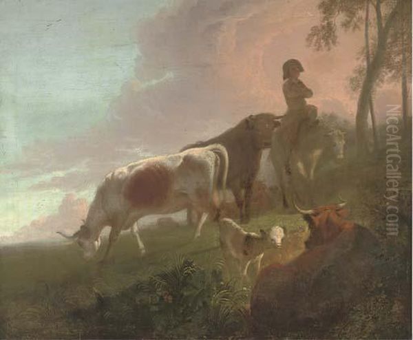 A Landscape With A Mounted Drover And His Cattle At Twilight - view 1