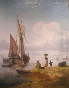 Shipping On The Meuse Of Boeiers Under Sail And A Cat And Withfigures On The Shore by Jacob Van Stry