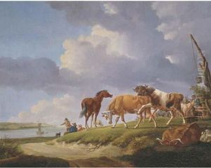 A River Bank With Herdsmen Resting And Tending Their Cattle