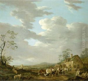 An Autumn Landscape With A Shepherd And His Herd And Travellers Near An Inn by Jacob Van Stry