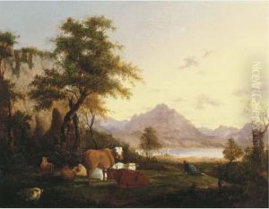 A Mountainous Italianate Landscape With A Herdsman Resting With Hiscattle By A Lake