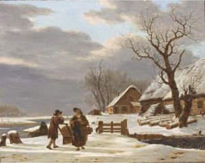 A Winter Landscape With A Farmstead Near A Frozen River And A Couple Conversing