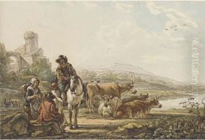 An Extensive River Landscape With Peasants And Cattle by Jacob Van Stry