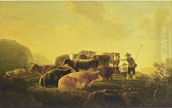 Strij Shepherds With Their
Cattle And Another Shepherd With His Flock Of Sheep In The Background - view 1