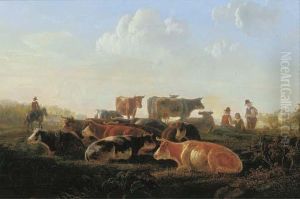A Pastoral Landscape With Cattle By A River Bank, With Herdsmen And A Horseman
