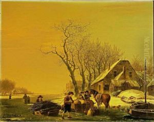 A Winter Landscape With Wood 
Gatherers Pulling A Sledge, And Merchantmen With Their Horsedrawn Sledge
 On A Frozen River, A Village Nearby