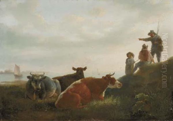 A Pastoral Landscape With Cattle And Fishermen By A River - view 1