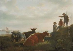A Pastoral Landscape With Cattle And Fishermen By A River A Pastoral Landscape With Cattle And Fishermen By A River