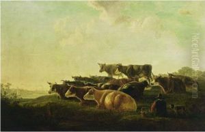 An Extensive River Landscape With A Shepherd And His Herd Resting by Jacob Van Stry
