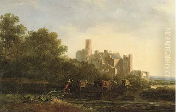 A Drover Herding Cattle Before A Ruined Castle - view 1