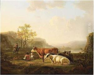 An Extensive River Landscape With Shepherds And Their Cattle Resting At by Jacob Van Stry