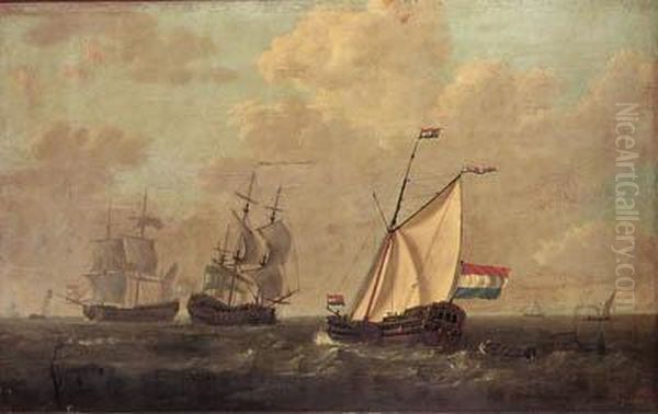 A Cutter Of The Dutch East India
 Company And Two Men-o-war Withother Shipping, A Town On The Horizon - view 1
