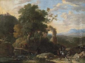 A Wooded, River Landscape With
Ruins,a Hunting Party In The Right Foreground Indistinctly by Herman Van Swanevelt