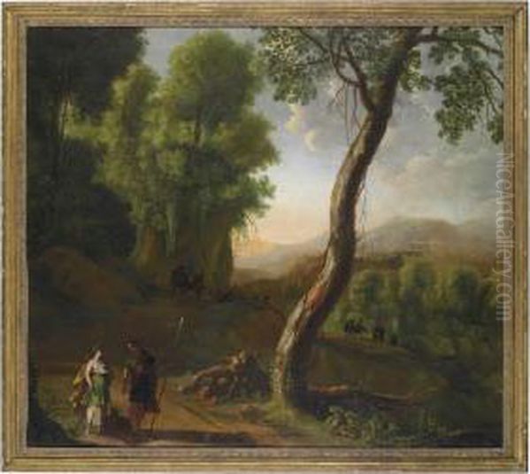 A Wooded Landscape With Meleager
Presenting The Head Of The Calydonian Boar To Atalanta, The Rest Of The
Hunting Party Retreating Beyond - view 1