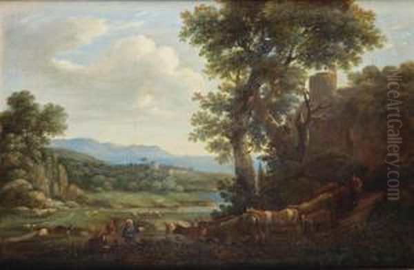 A Rocky Landscape With Shepherds And Their Cattle - view 1