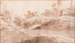 Italianised Landscape With Houses On A Hill by Herman Van Swanevelt